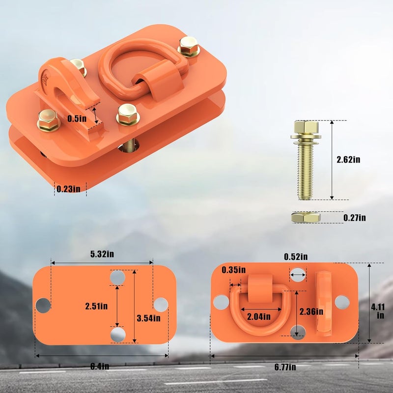 Aprapustec 2 Pack 3/8" Tractor Bucket Hooks with Tie Down Ring - Grade 70 Forged Steel Bolt-On Grab Hook with Backing Plate, Max Load 15,000 lbs, Compatible with Kubota, John Deere, RV, UTV, Truck, Orange - Image 2